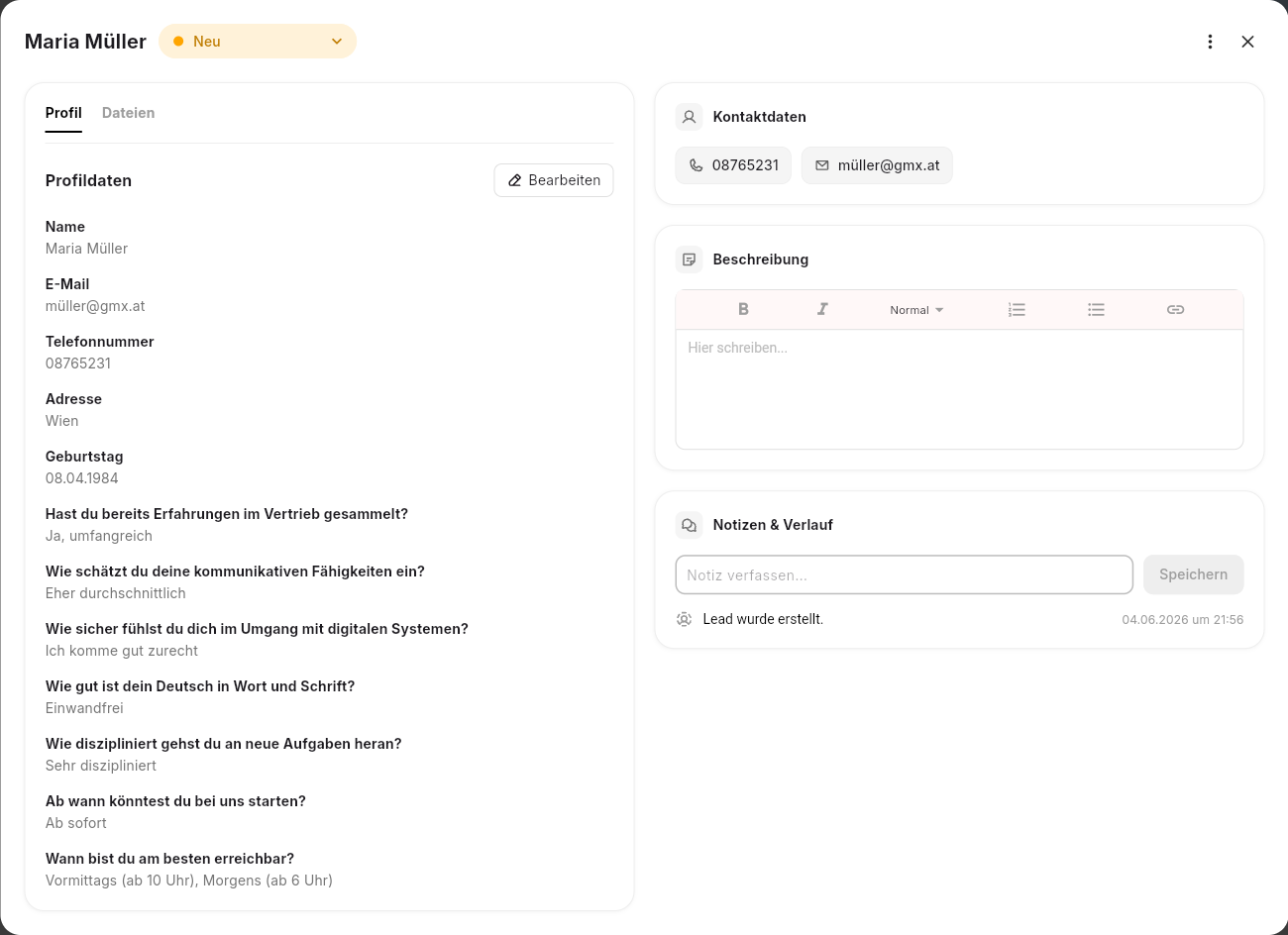 Bewerberprofil in SpeedLead